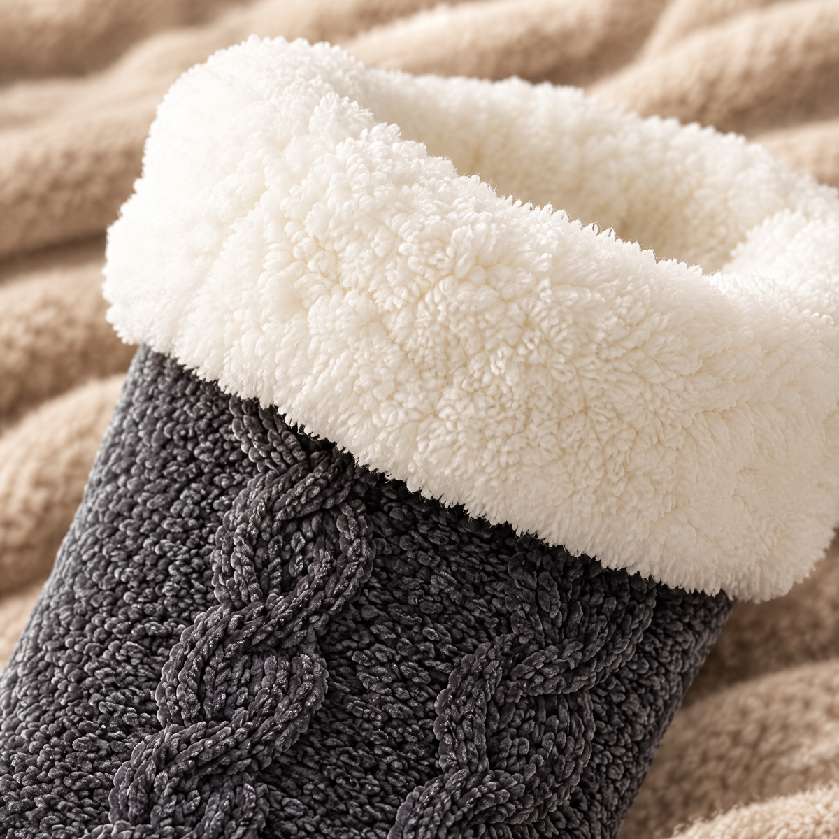Gros plan sur le revers blanc moelleux et le motif torsadé des chaussettes grises