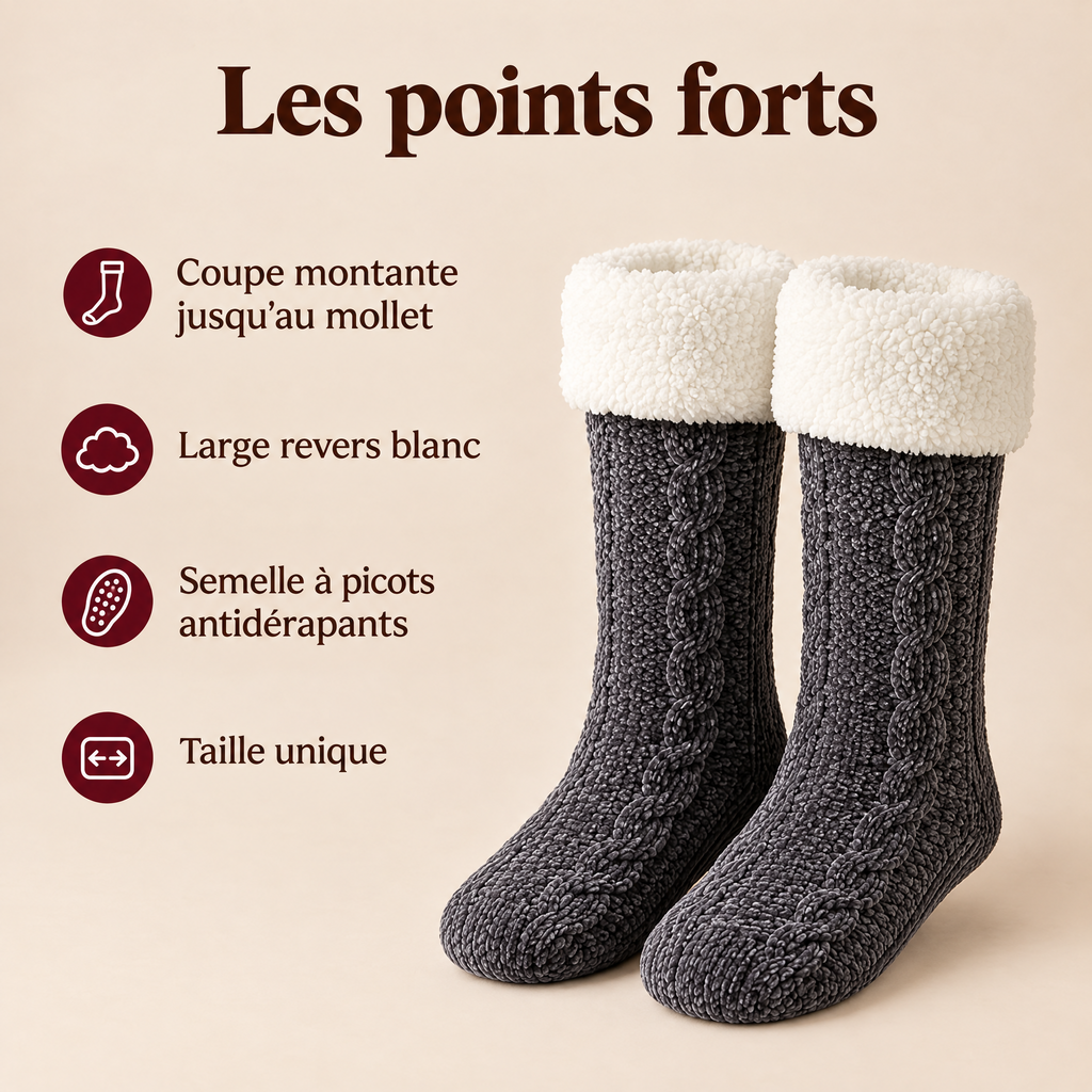 Les points forts des chaussettes pilou-pilou grises, semelle à picots antidérapants