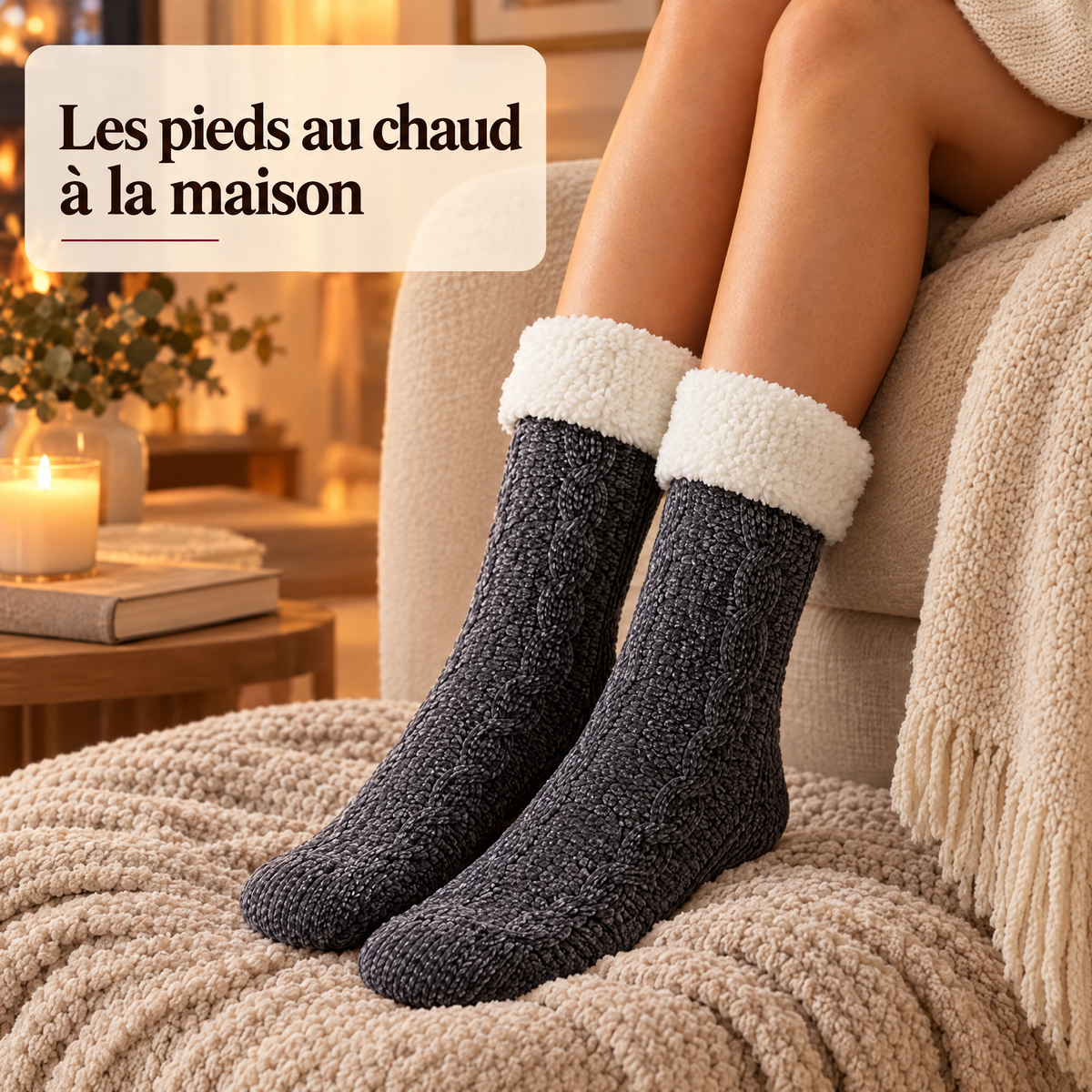 Chaussettes pilou-pilou gris foncé portées dans un fauteuil : les pieds au chaud à la maison