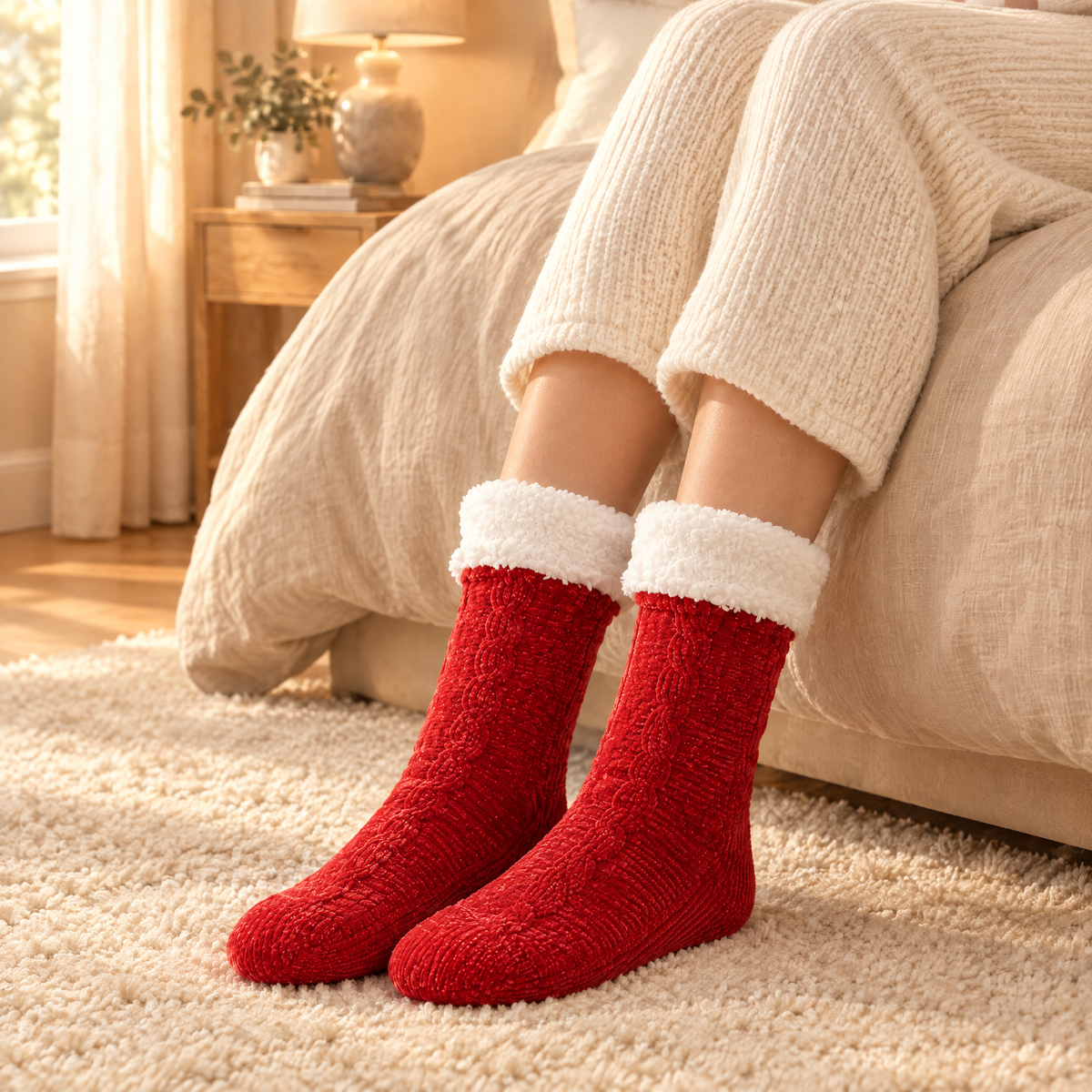 Chaussettes pilou-pilou rouges portées au lit, sous une couette claire