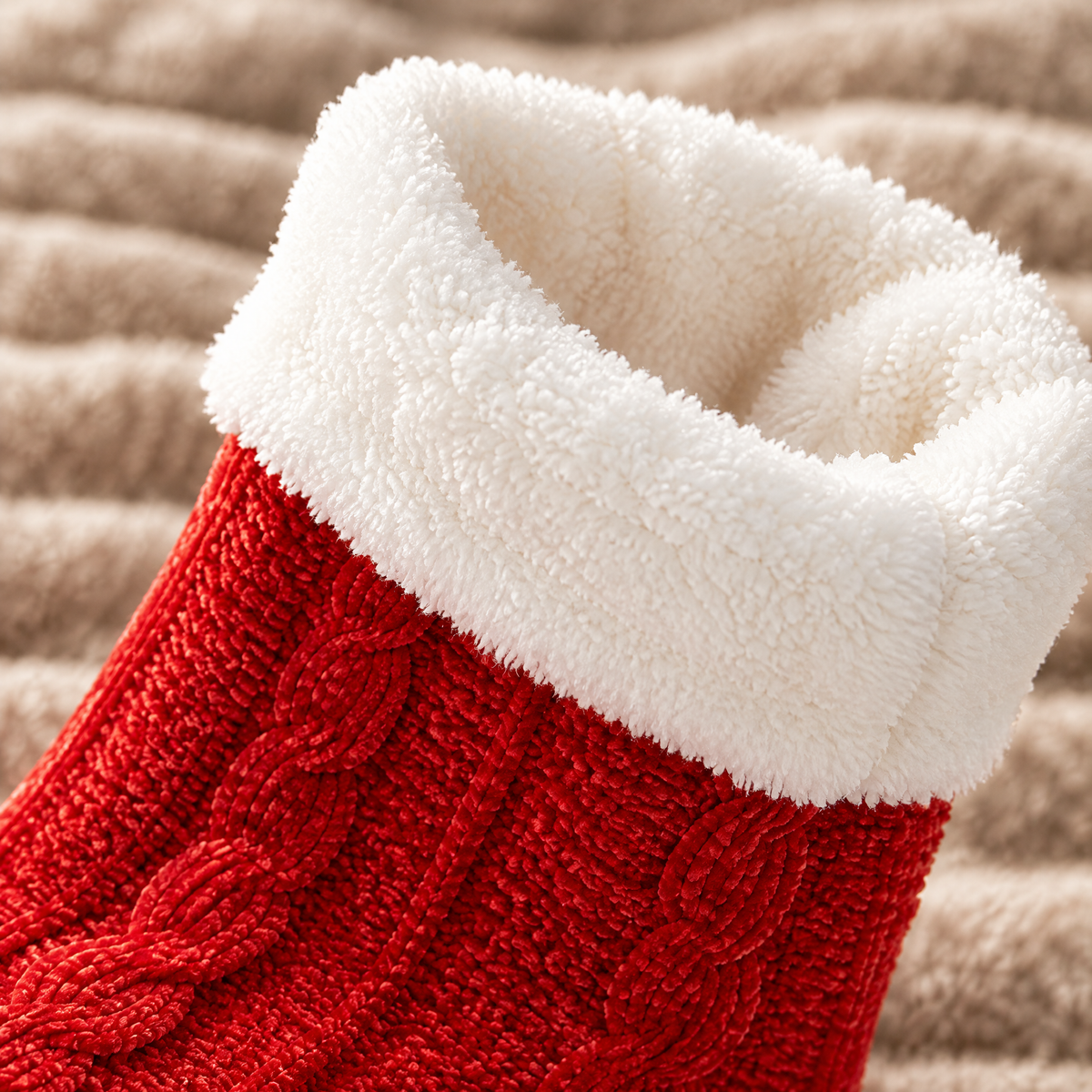 Gros plan sur le revers blanc moelleux des chaussettes pilou-pilou rouges
