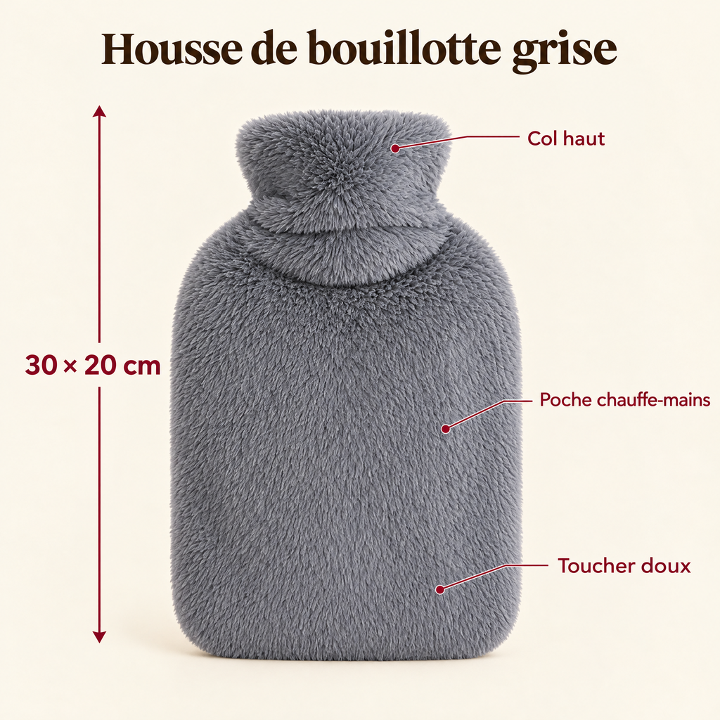 Housse de bouillotte grise 30 × 20 cm : col haut, poche chauffe-mains, toucher doux
