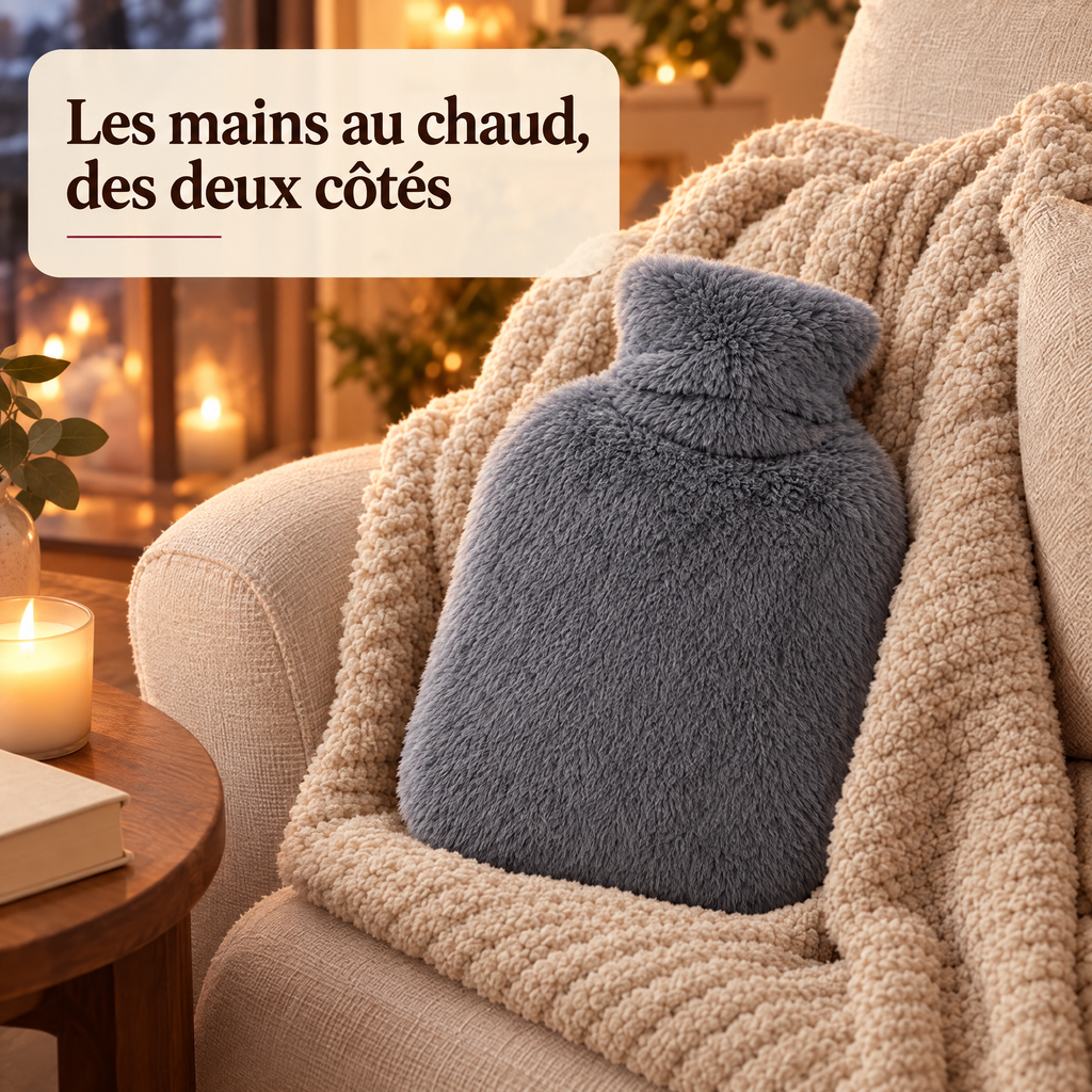 Housse de bouillotte grise sur un plaid : les mains au chaud, des deux côtés