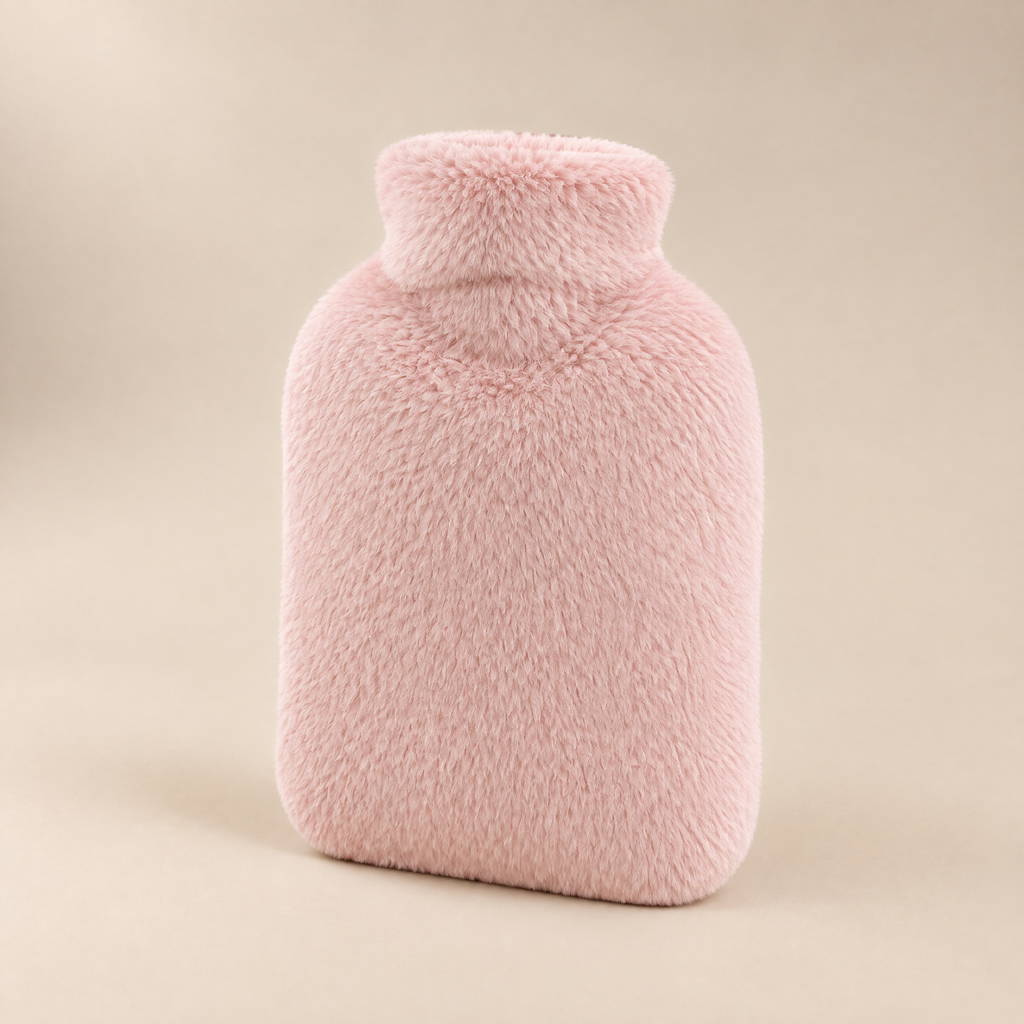 Housse de bouillotte rose poudré à col haut, vue de face sur fond clair