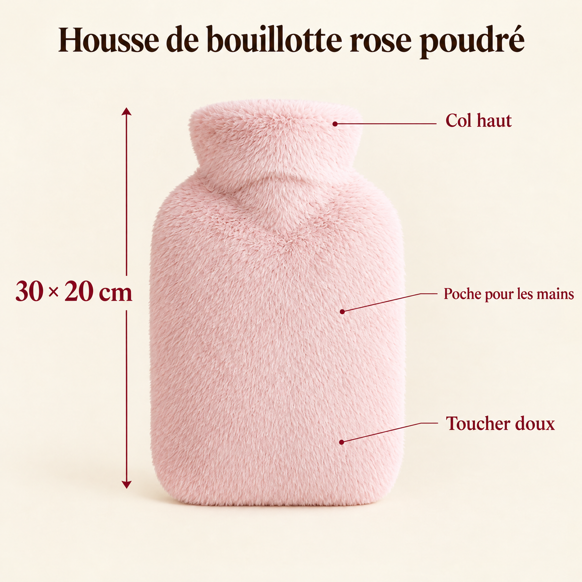 Housse de bouillotte rose poudré 30 × 20 cm : col haut, poche pour les mains, toucher doux