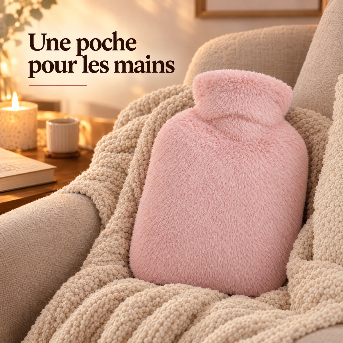 Housse de bouillotte rose poudré sur un plaid, avec une poche pour les mains