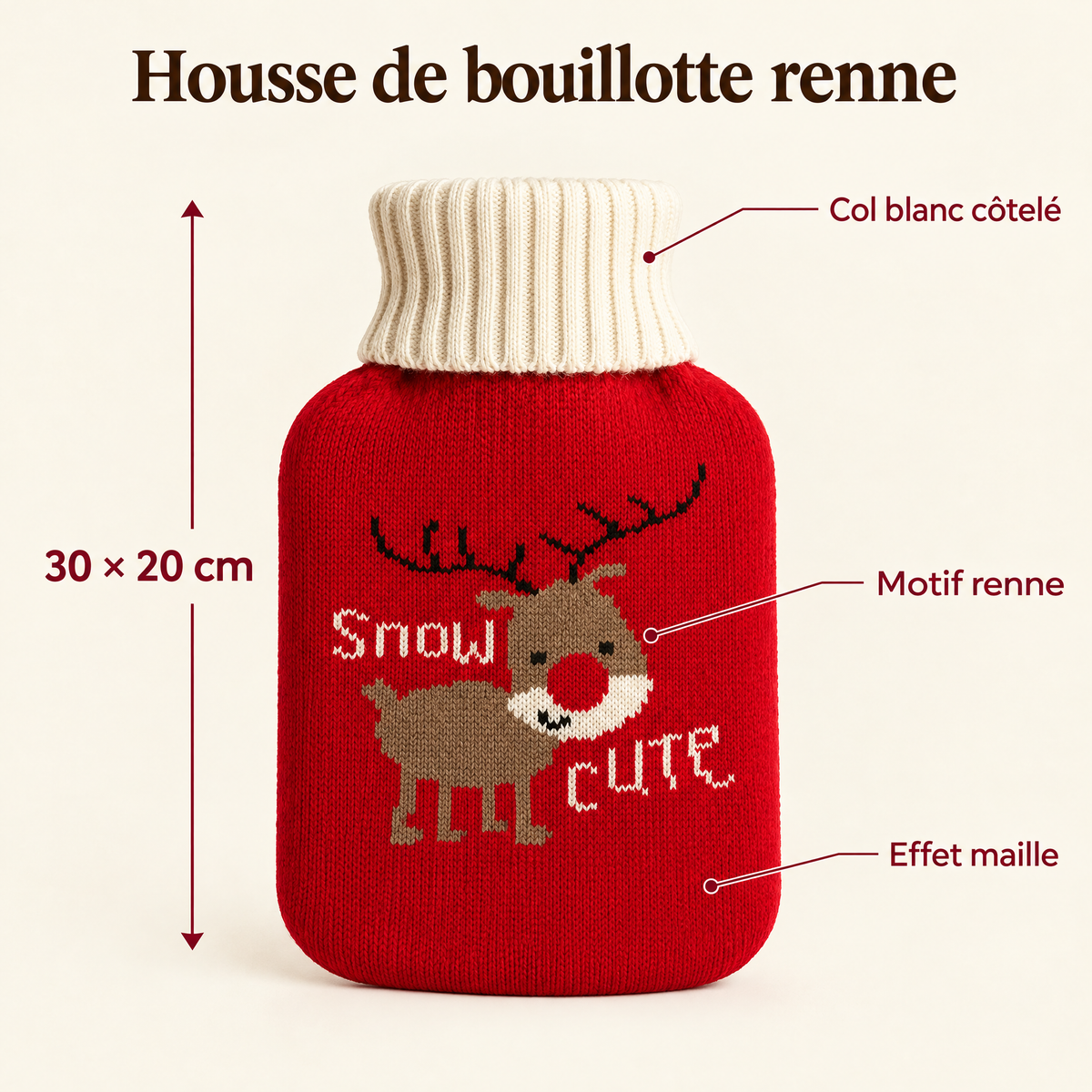 Housse de bouillotte renne 30 × 20 cm : col blanc côtelé, motif renne, effet maille