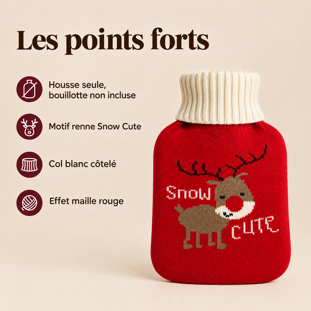 Les points forts de la housse de bouillotte renne de Noël, bouillotte non incluse