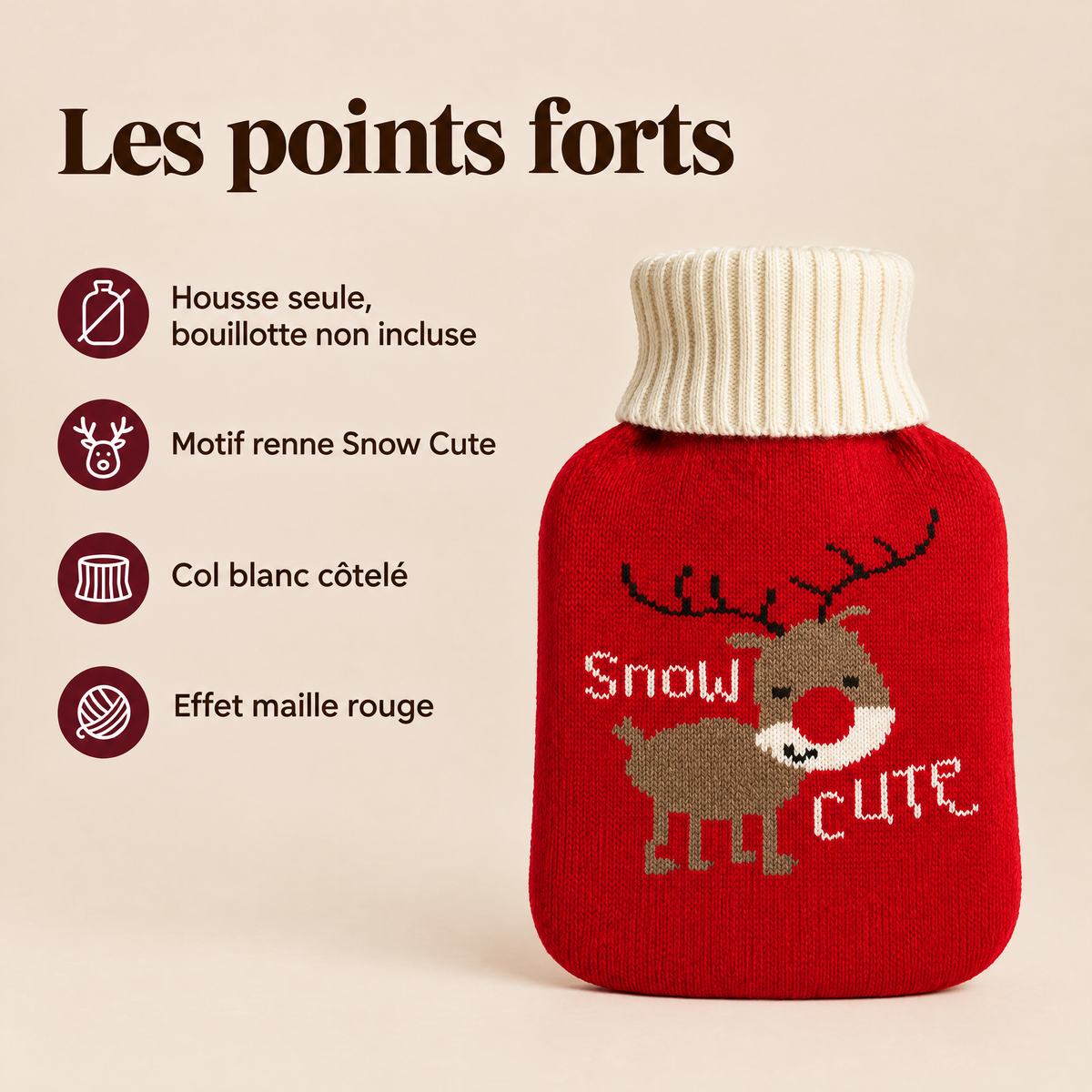 Les points forts de la housse de bouillotte renne de Noël, bouillotte non incluse