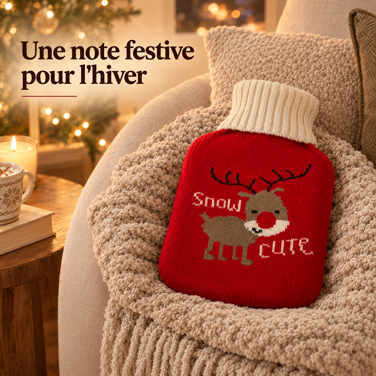 Housse de bouillotte renne sur un plaid, une note festive pour l'hiver