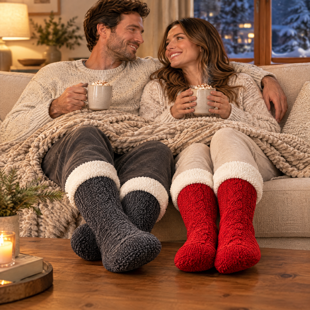 Couple sur le canapé sous un plaid, chaussettes pilou-pilou grises et rouges aux pieds