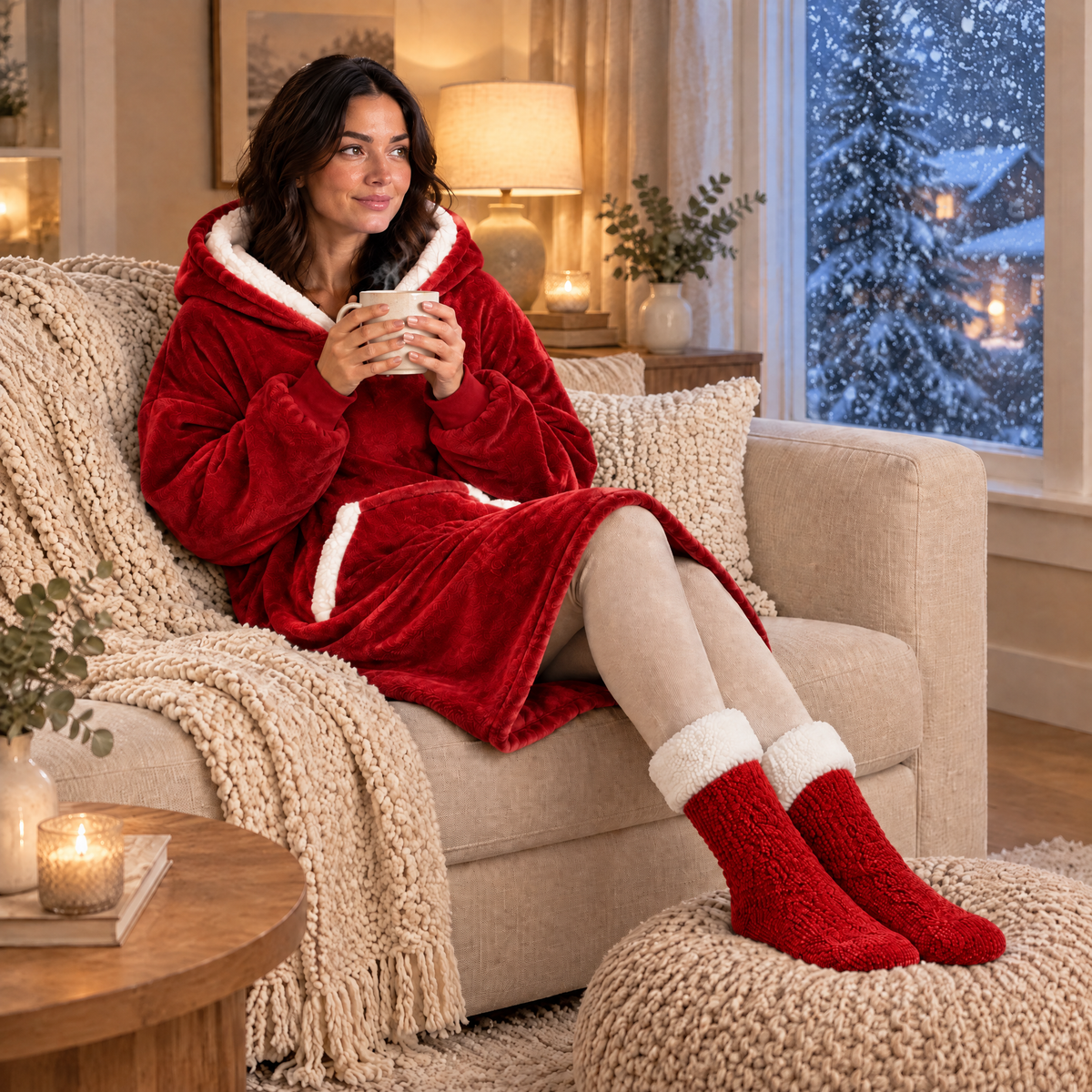 Femme blottie sur le canapé en sweat plaid rouge et chaussettes pilou-pilou rouges, une tasse de thé à la main