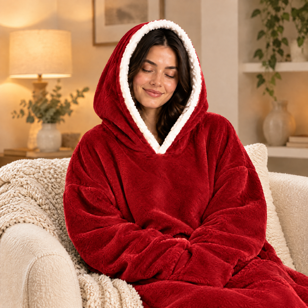 Femme les yeux fermés, capuche doublée sherpa du sweat plaid rouge sur la tête