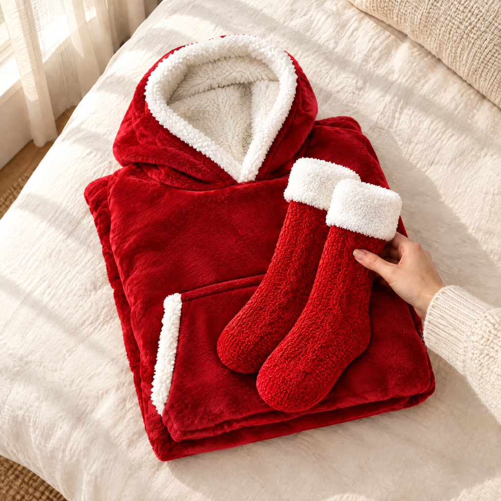 Sweat plaid rouge plié et chaussettes pilou-pilou rouges posés sur un lit