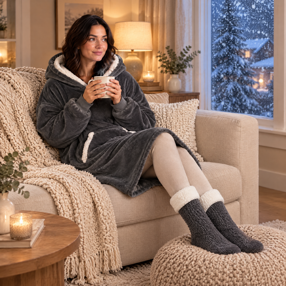 Femme blottie sur le canapé en sweat plaid gris foncé et chaussettes pilou-pilou, une tasse de thé à la main