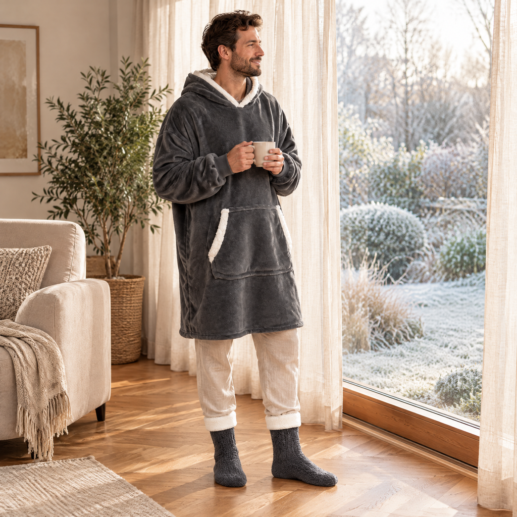 Homme en sweat plaid gris foncé et chaussettes pilou-pilou devant la fenêtre, un café à la main