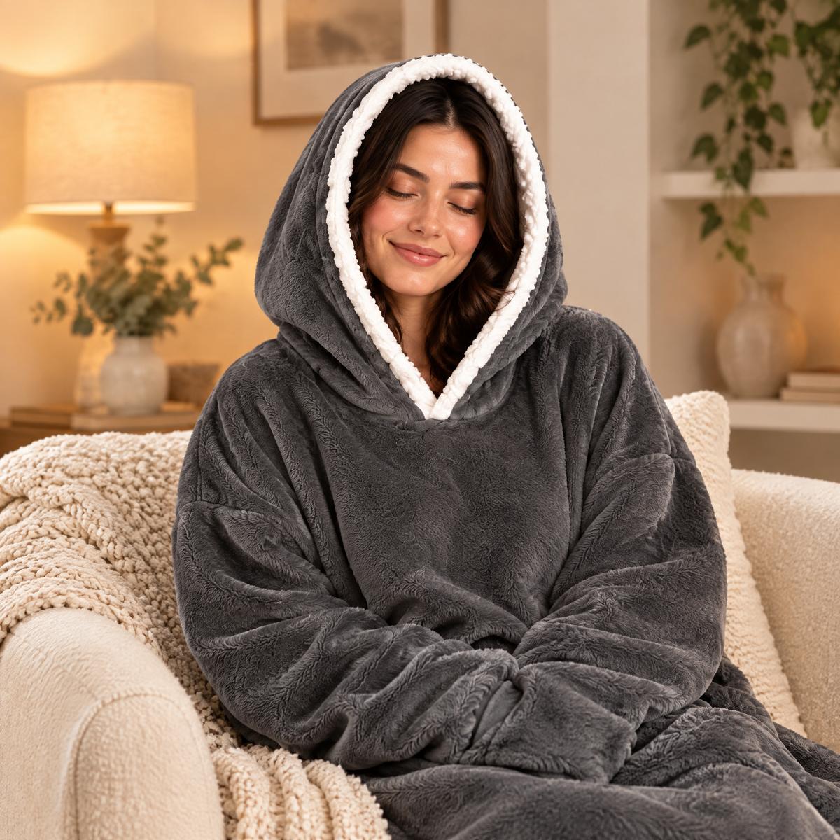 Femme les yeux fermés, capuche doublée sherpa du sweat plaid gris foncé sur la tête