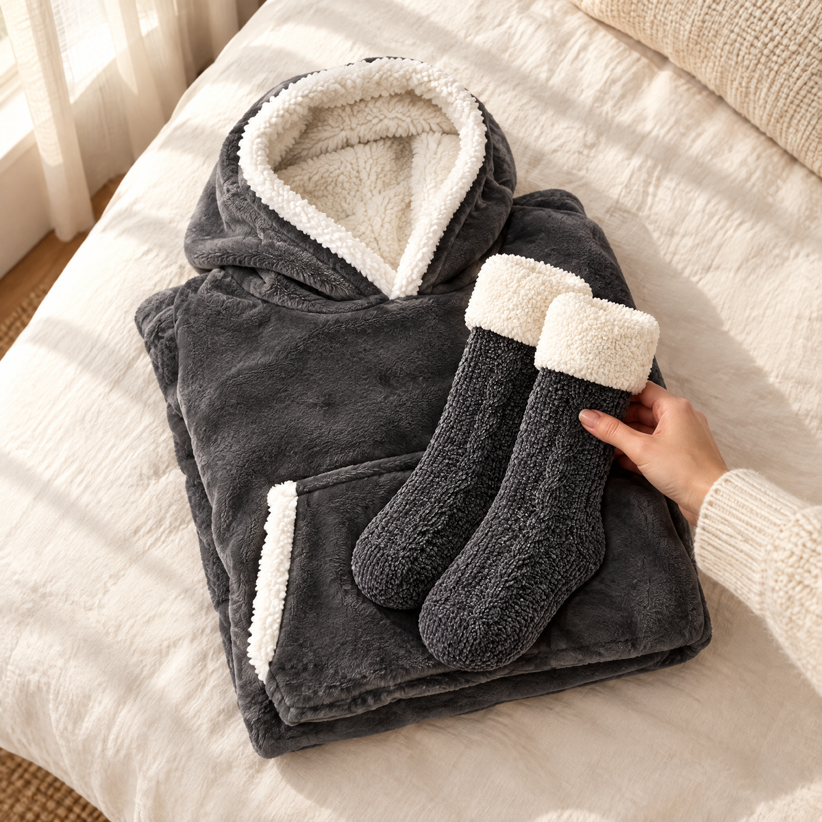 Sweat plaid gris foncé plié et chaussettes pilou-pilou grises posés sur un lit